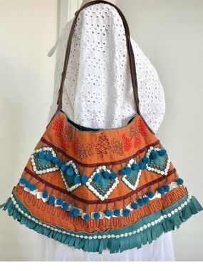 Jamin Puech Boho Shoulder Bag in Orange and Blue Beaded & Embroidered